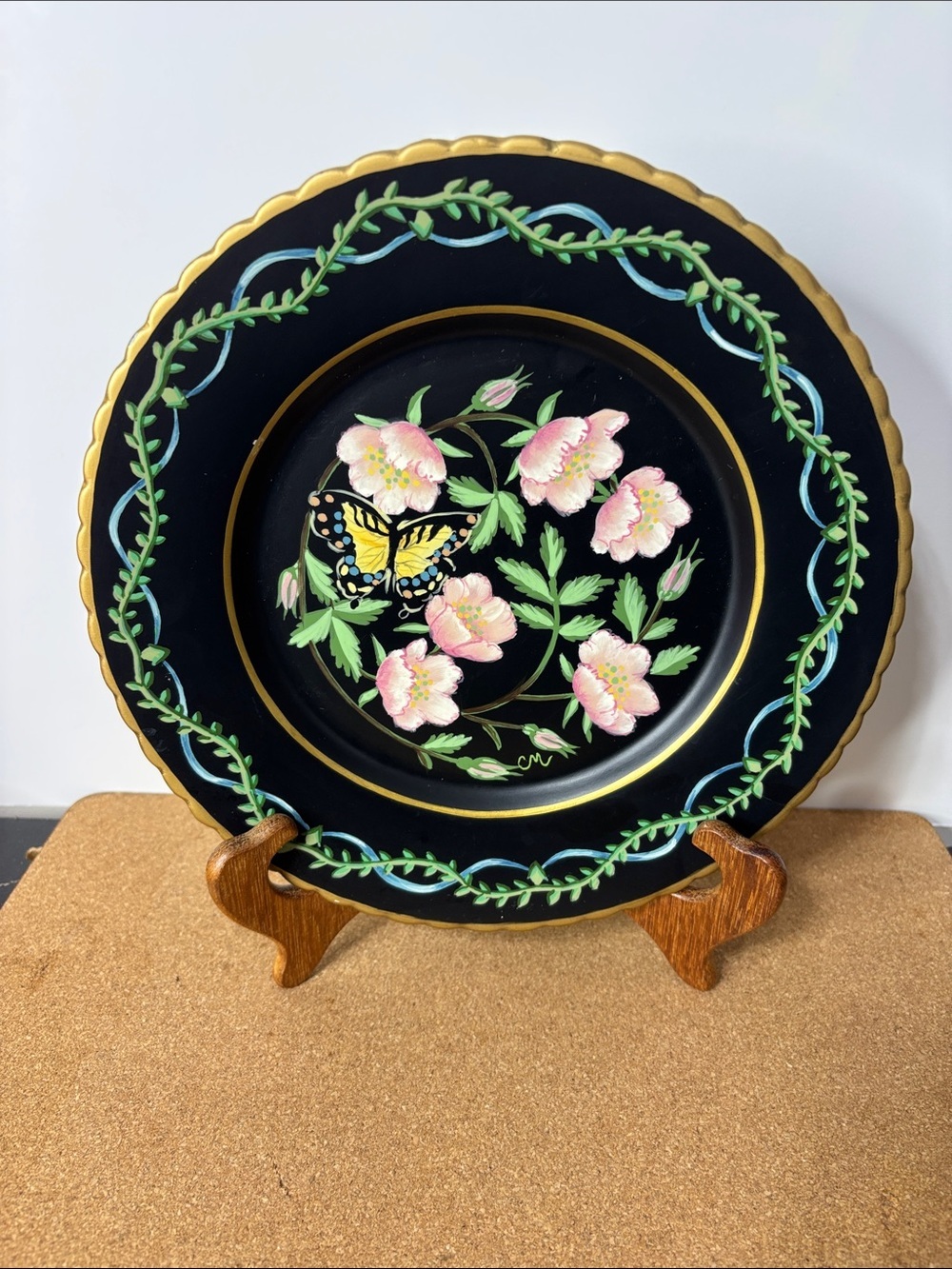Decorative Black Floral Butterfly Plate - Hand-Painted 10” Cottagecore Summer